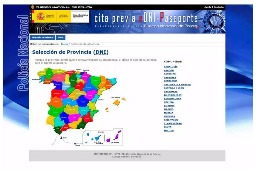 seleccion de provincias del mapa de españa en el proceso de renovación del dni